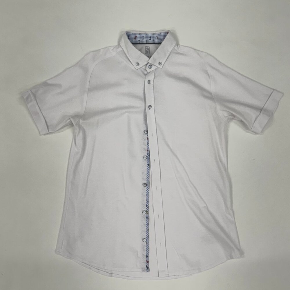 Men’s White Short Sleeve Cotton Knit Button-Up Shirt